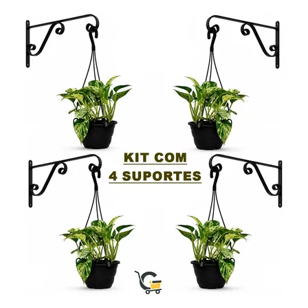 Kit 4 Suportes Parede Gancho De Pendurar Vaso Planta Flores Preto
