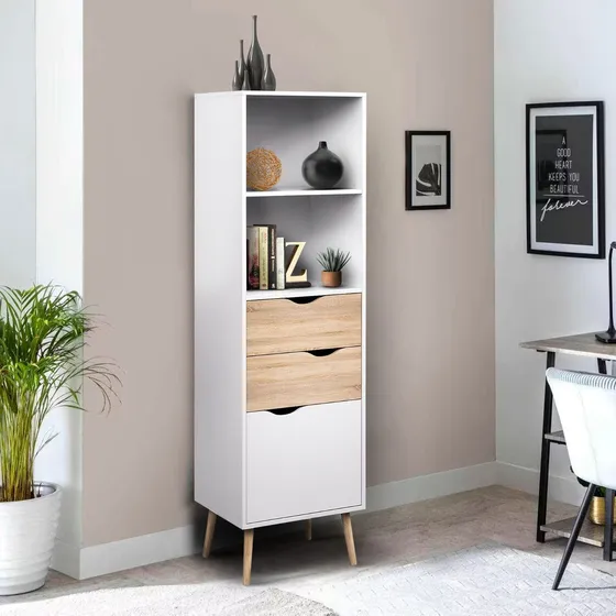 Librero Biblioteca Vertical Top Living Mueble Nórdico Con Estantes Y Cajones Color Blanca y Madera Clara