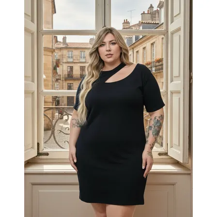 Vestido Curto Plus Size Balada Decote Assímetrico Casual