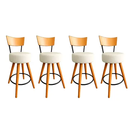 4 Banqueta Média Cozinha Estofada Off-white Encosto Madeira Acabamento Da Estrutura Verniz Stain