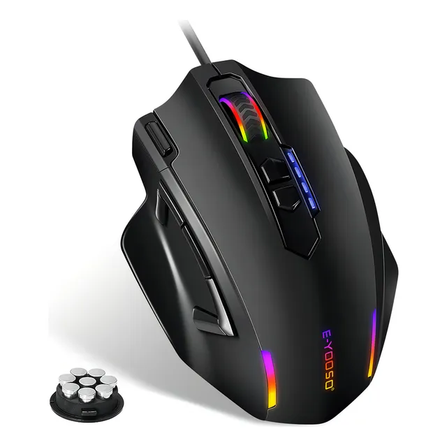 TERPORT 1KHz Mouse Gamer Programable S809, 11 Botones Programables Con Botón de Tiro, 12400dpi Con 5 Niveles Ajustables, Luces Rgb, Mouse Ergonómico Con 8 Pesas Y Estuches Para Mano Media/Grande