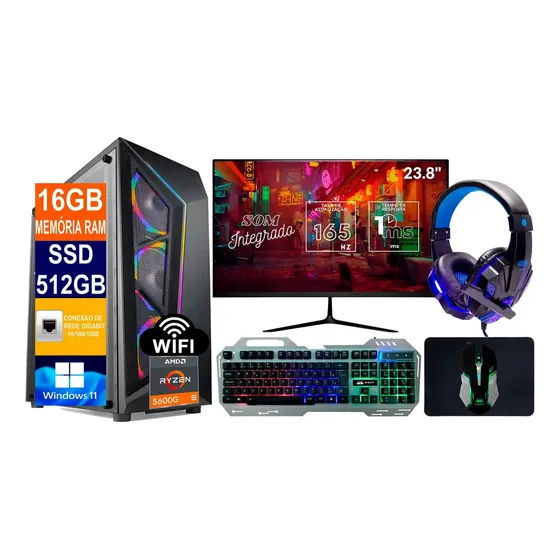 PC Gamer Ryzen 5 5600G 16GB RAM SSD 512GB Monitor 24\