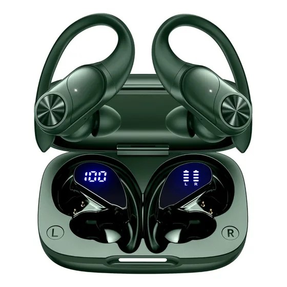 Bmani T60 Audífonos Inalámbricos Bluetooth,con Doble LED Pantalla Digital y Micrófono de Cancelacion Ruido Usar 80 Horas Auriculares de IPX7 Cómodo Deportivos Color Verde