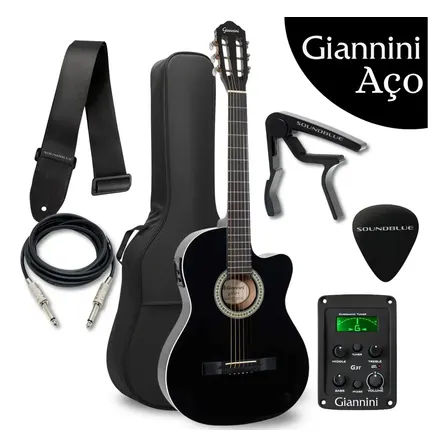 Kit Violao Giannini Eletroacustico Corda Aço Destro Flat Cutaway Profissional Eletrico Acustico Estudo Iniciante Preto Acessorios Completo Afinador Equalizador Correia Capa Cabo Bag Soundblue