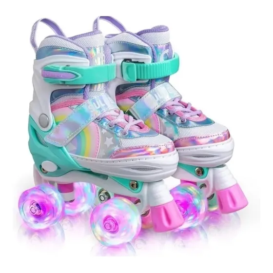Patins 4 Rodas Arco Íris Com Luz De Led E Glitter Infantil