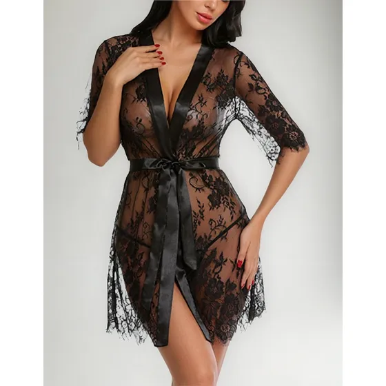 Lencería Erótica Sexy Mujer Bata De Encaje + Tanga