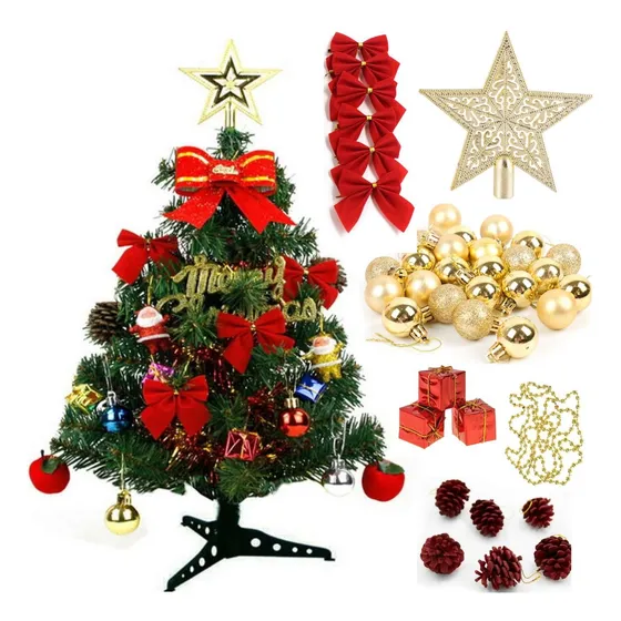 Árvore De Natal Decorada Com Enfeites Pequena Mesa Completa