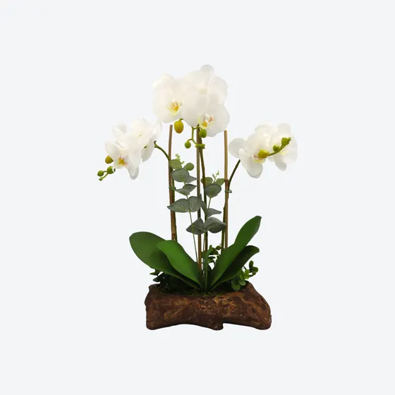 Orquídea Artificial Con Base De Tronco Decorativo
