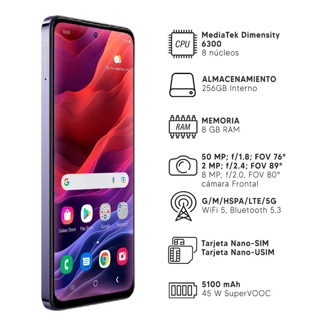 Celular Oppo A80 8gb Ram 256gb Almacenamiento Interno Lila 5g Mediatek Dimensity 6300 Pantalla Amoled 6.67