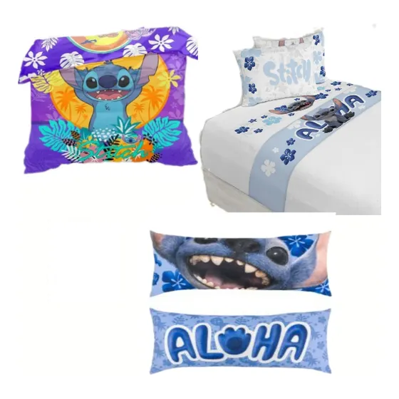Set Sabanas Colcha Almohada De Stitch Matrimonial