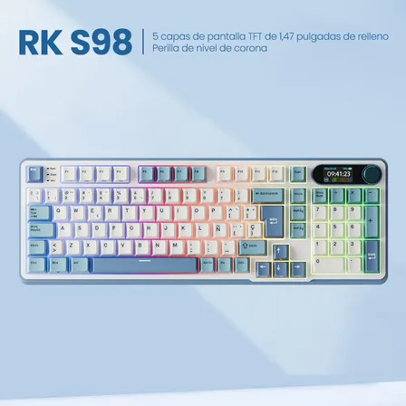 Teclado Mecánico Rk Royal Kludge S98 Sky Blue, 98 Teclas, Hot Swap, Rgb, Con Pantalla Y Pomo Metálico, Ideal Para Jugadores. Celeste Cielo Español Latinoamérica