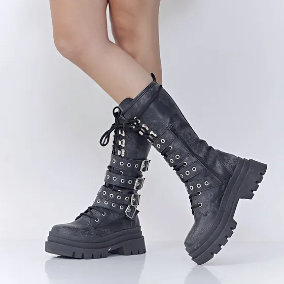 Borcego Con Cordones Cuatro Hebillas De Mujer Cómodas