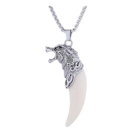 Collar Colmillo Lobo Acero Inoxidable Y Acrilico Para Hombre