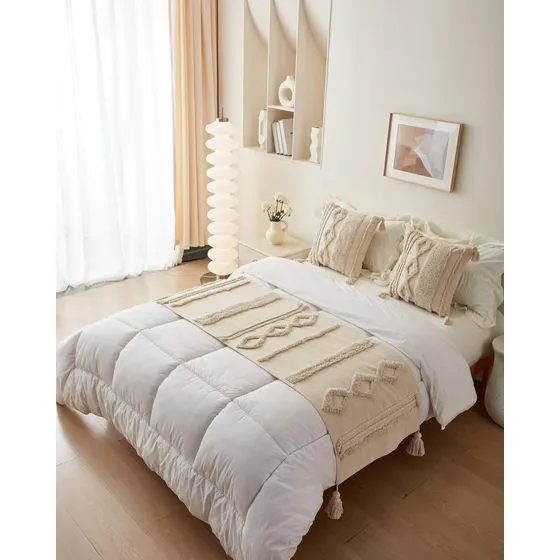 Piecera Boho Con Borlas +2 Fundas De Cojín Cama King Y 2 Plz