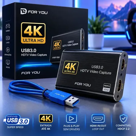 Placa de Captura Externa USB 3.0 para Vídeo HDMI 4K Full HD com Áudio Loop e Chip Inteligente