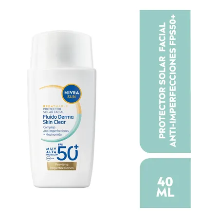 Protector Solar Facial NIVEA SUN Fluido Diario Derma Skin Clear Con Niacinamida Anti-Imperfecciones Fps50+, Acabado Seco 40Ml, Bloqueador Solar