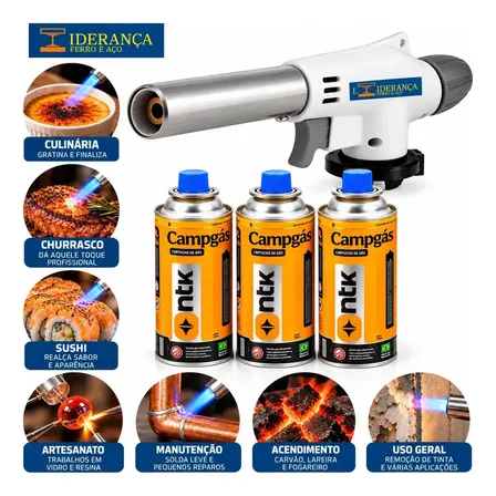 Maçarico Profissional Universal Multiuso Gourmet Portátil Com Regulagem De Chamas Kit Completo Com 3 Refil Para Chef De Cozinha Confeiteiro Flambar Solda Marca - Liderança Ferro E Aço