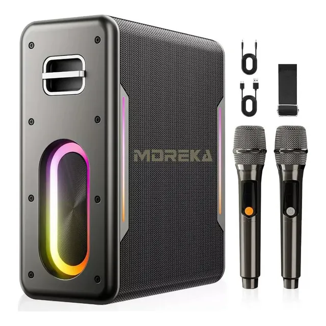 Moreka A29 Bocina Inalambrico Para Bocina Con 2 Micrófonos Bocina Karaoke Batería De Litio Recargable Incorporada Portátil Con Bluetooth Luces Led Para Fiesta Interior Exterior Cantando Color Negro
