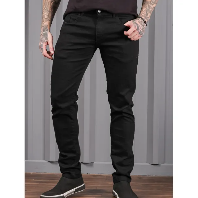 Calça Jeans Preta Super Skinny Masculina Lycra Premium