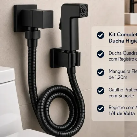 Ducha Higiênica Quadrada Luxo Metal Chuveirinho de Banheiro 1.20 mts Preto Completa ¼ Volta