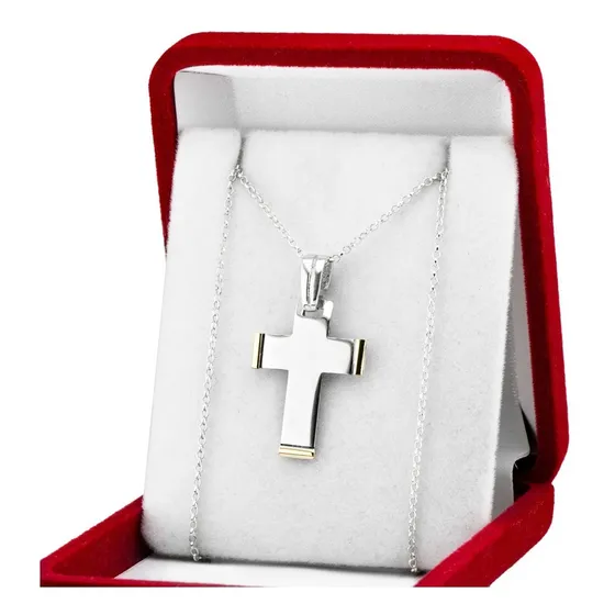Cadena Y Dije Cruz Plata Y Oro Religioso Bautismo Grabado
