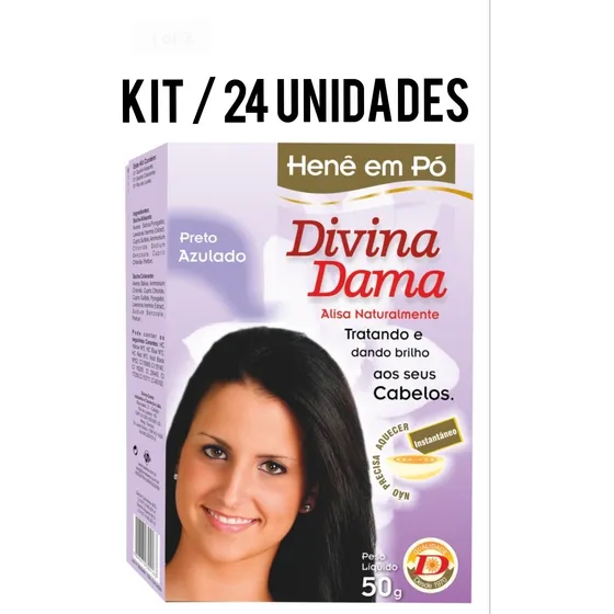 Kit C/ 24 Unidades Henê Em Pó Preto Azulado Divina Dama 50g