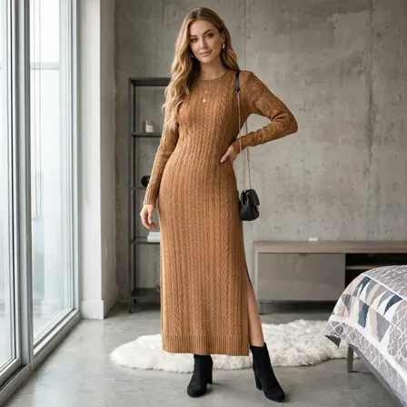 Vestido Tricô Trança Tripla Fenda Manga Longa Lã Midi