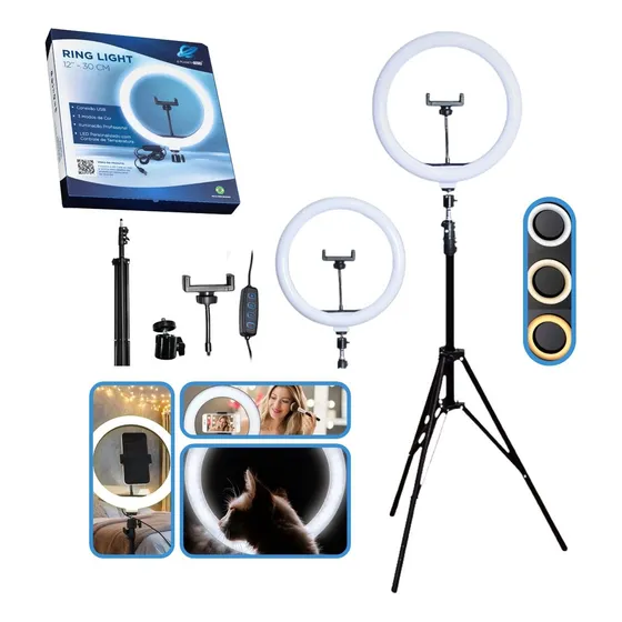 Ringh Light 12 Polegadas 30cm Celular Tripé 2,10m Estrutura Preto Luz 03 Três Cores 127/220V