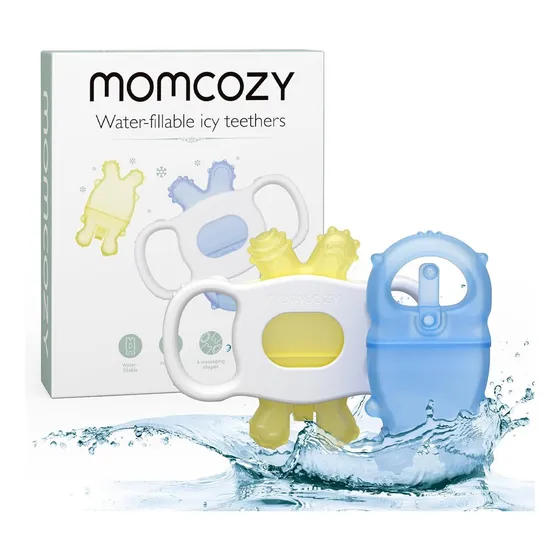 Momcozy 2 Pzs Mordedor Silicona Para Bebés Rellenable Agua Color Azul Lisa
