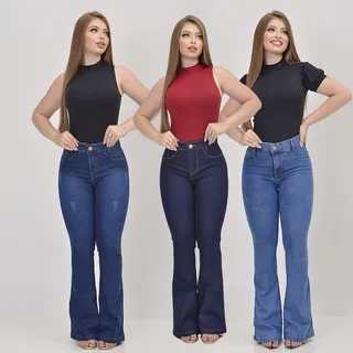 Kit 3 Calça Feminina Jeans Flare Levanta Bumbum Cintura Alta Kit 3 Calça Feminina Jeans Flare Levanta Bumbum Cintura Alta