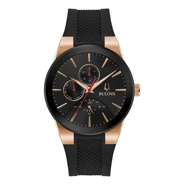 Reloj Bulova Modern Futuro 97c112 Hombre Color de la correa Negro Color del bisel Dorado Color del fondo Negro