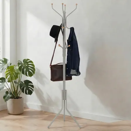 SONGMICS Cabideiro de Pé, 12 Ganchos, Aço e Madeira de Pinho, 49x49x182 cm,Árvore de Casacos, Independente, para Hall, para Roupas, Chapéus, Bolsas, Bege Claro