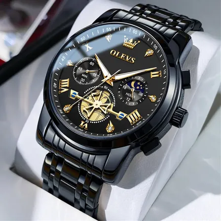 Olevs Relógio Masculino Original Preto Aço Luminous 2856 Preto