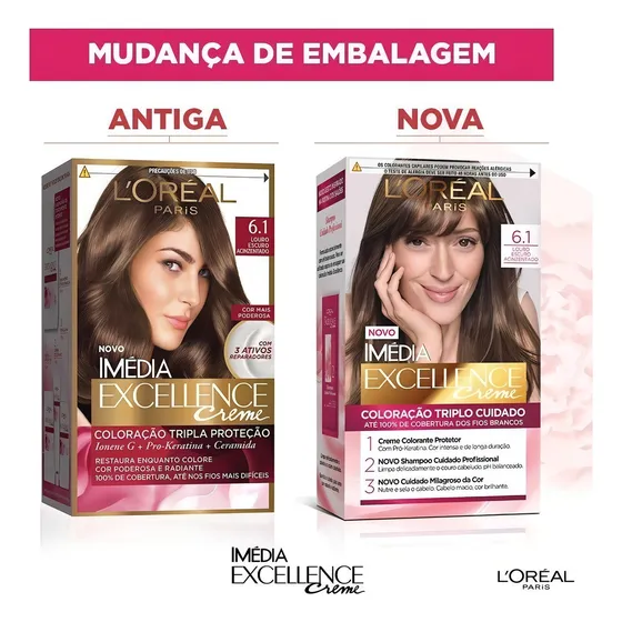 Tinta L'Oréal Paris Imédia Excllence Creme Coloração Imédia Excellence Creme L'Oreal 7.1 Louro Acinzentado tom 6.1 20Vol. para cabelo