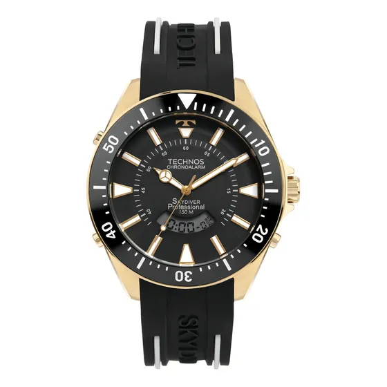 Relógio Masculino Technos Skydiver 15ATM Grande 50mm Dourado Pulseira de Borracha WT2050AH 2P