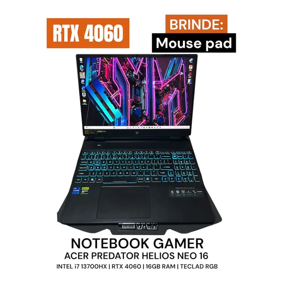 Notebook Gamer Acer Predator Helios Neo 16 Rtx 4060 I7 165hz Prateado