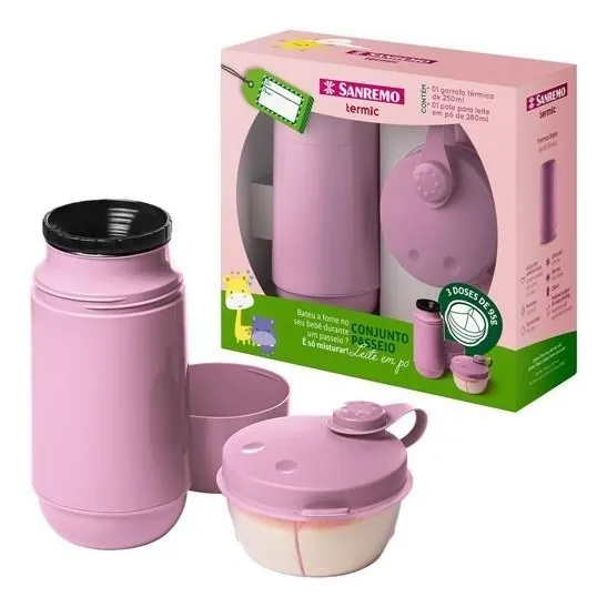Conjunto Passeio Garrafa 250ml + Pote Para Leite Em Po Rosa Bebê Sanremo