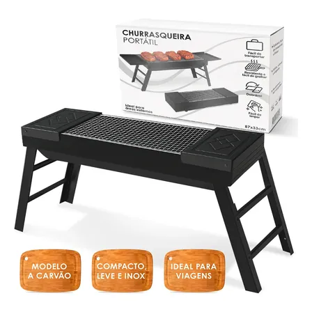 Churrasqueira Portátil Estilo Maleta Para Carvão Uso Em Camping Praia E Piquenique Compacta Resistente Cor Preta Preto