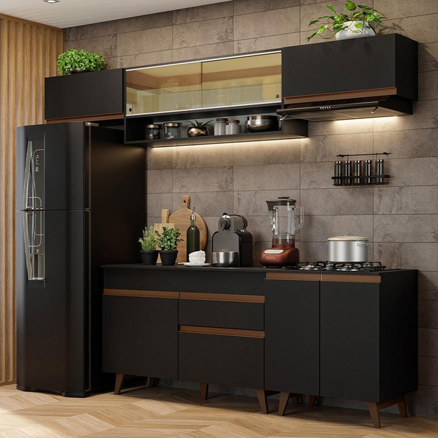 Armário De Cozinha Completa Modulada 260cm Com Balcão Para Cooktop Preto Reims Madesa Grrm... Armário De Cozinha Completa Modulada 260cm Com Balcão Para Cooktop Preto Reims Madesa Grrm...