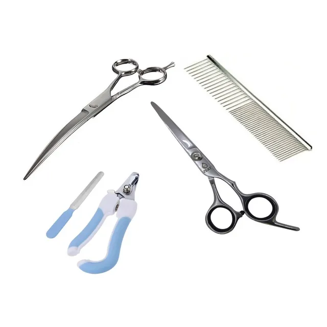 Kit De Tijeras Curva Y Recta + Peine + Alicate Canina