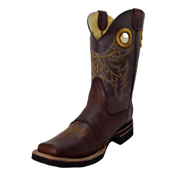 Bota Vaquera Rodeo Hombre Café-gris 100% Piel