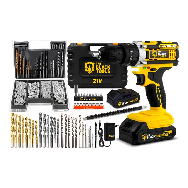 Parafusadeira Furadeira De Impacto Profissional 21v Tb21pw Com Kit Brocas E Buchas 300 Peças The Black Tools