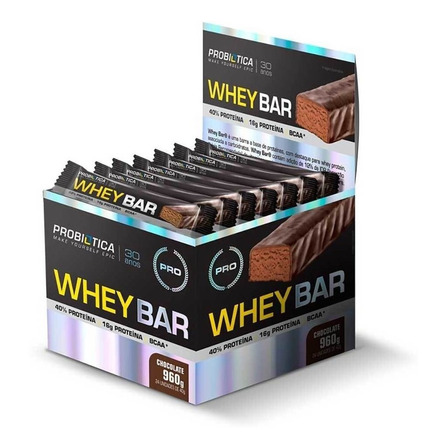 Suplemento em  barra Probiótica  Whey Bar proteínas sabor  chocolate em display de 960g 24 un