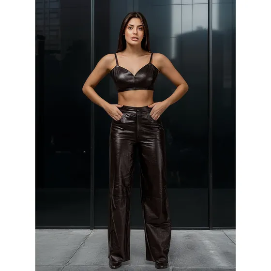 Calça De Couro Legítimo Wide Leg Norma Lopez