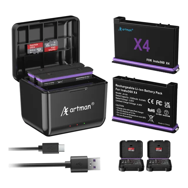 Cargador En Caja Led Artman + 2 Batteries Para Insta360 X4