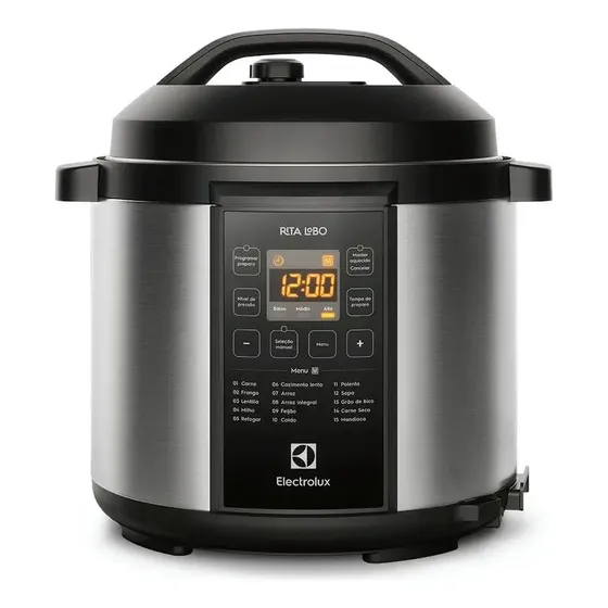 Panela pressão elétrica Electrolux digital capacidade 6L silenciosa segura 10 travas segurança 15 receitas pré-programadas 3 níveis pressão PCC20 inox preto por Rita Lobo