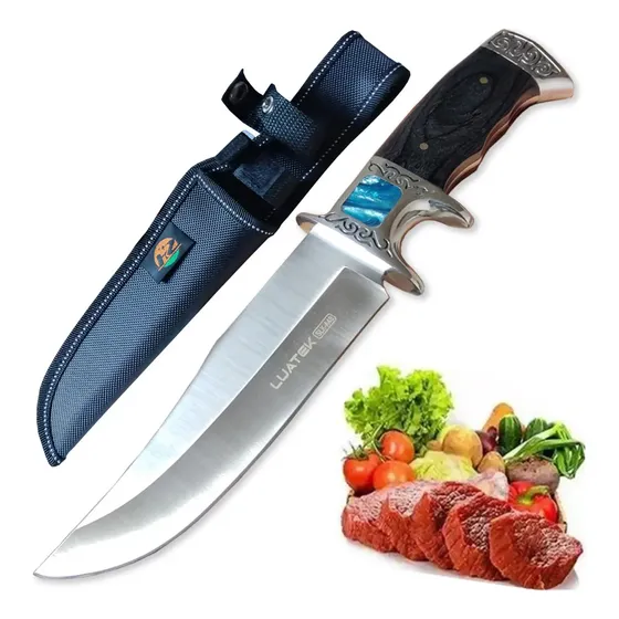 Faca De Caça Pesca Churrasco Luxo Fulltang Inox Com Bainha Cor Pedra Azul