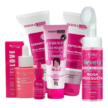 Skincare Rosa Mosqueta Dermachem + Sérum Rosa + Mousse Rosa