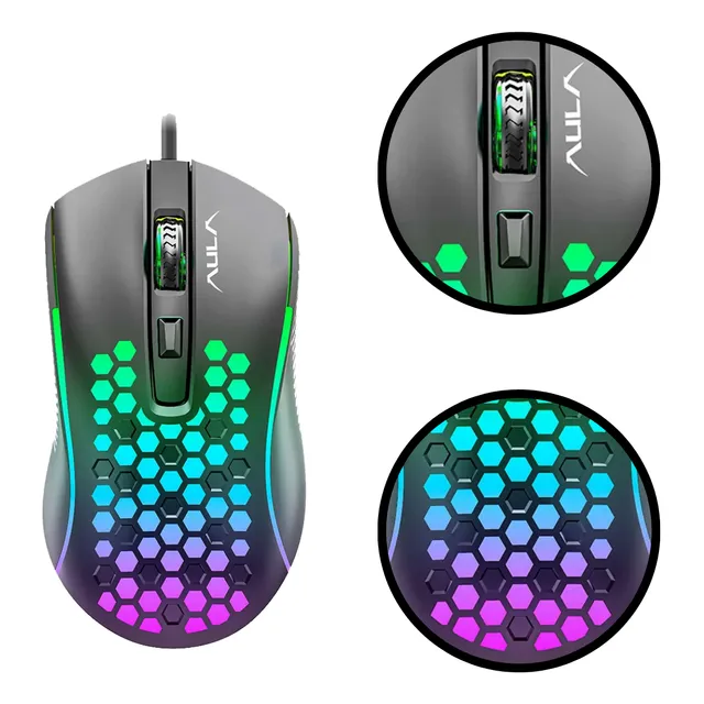 Mouse Gamer Aula S11 Mountain Negro, Cableado 3600 DPI