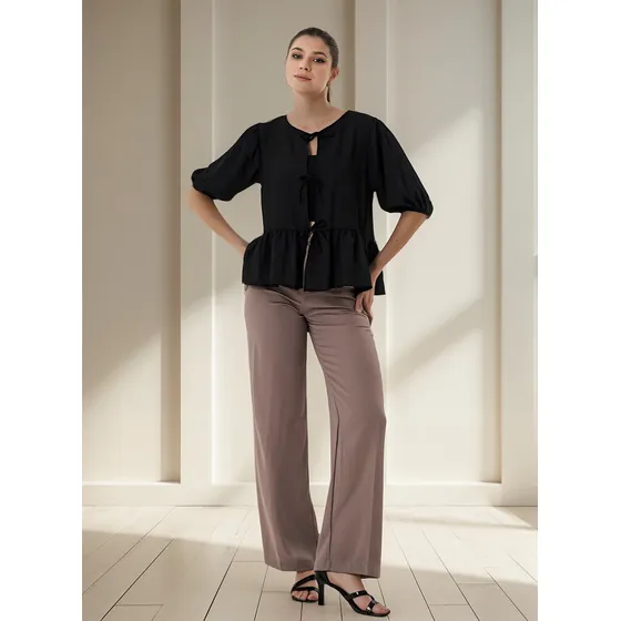 Blusa Crepe Mangas 3/4 Mujer Abertura Frontal Con Lazo Mochi